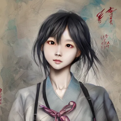 Image similar to dynamic composition, motion, ultra-detailed, incredibly detailed, a lot of details, amazing fine details and brush strokes, colorful and grayish palette, smooth, HD semirealistic anime CG concept art digital painting, watercolor oil painting of a Korean schoolgirl, by a Chinese artist at ArtStation, by Huang Guangjian, Fenghua Zhong, Ruan Jia, Xin Jin and Wei Chang. Realistic artwork of a Chinese videogame, gradients, gentle an harmonic grayish colors.