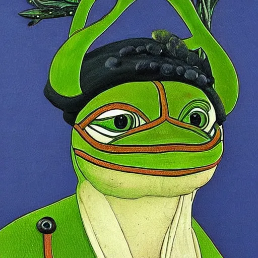 Image similar to pepe the frog as 1 8 th century prussian soldier, elegant portrait by sandro botticelli, detailed, symmetrical, intricate