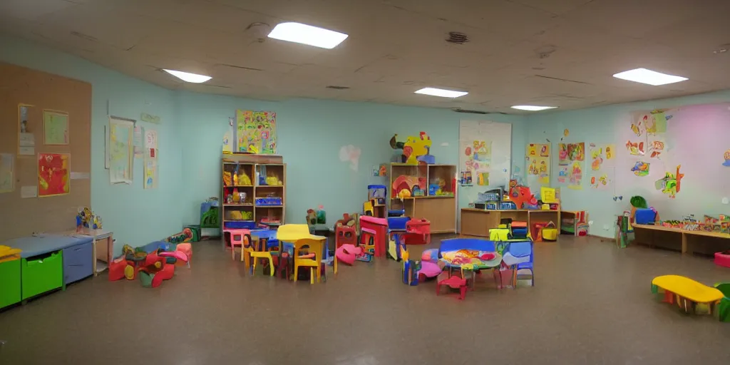 Image similar to childrens daycare indoors limital space, dimly lit, creepy photo