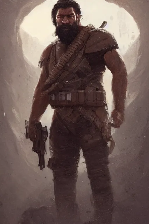 Prompt: portrait of a man by greg rutkowski, old bounty hanter, samoan features, tall and muscular, epic beard, star wars expanded universe, he is about 4 0 years old, wearing tactical gear.