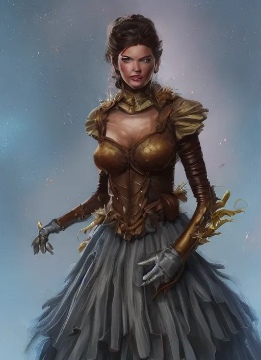 Prompt: beautiful female dorothy gale, rebecca romijn as dorothy, full body character concept, full leather armor, super powers, fantasy, intricate, elegant, highly detailed, digital painting, artstation, concept art, shining, sharp focus, illustration, art by stanley lau