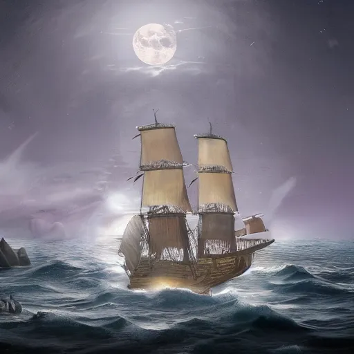 Prompt: extravagant pirate ship sailing over the still sea at night. moonlight. concept art. matte painting