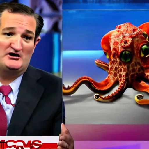 Image similar to ted cruz as a hideous octopus monster, destroys a city, news coverage on local affiliate