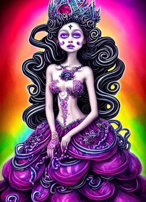 Image similar to A full body shot of a cute and mischievous monster princess with hair made of tentacles wearing an ornate ball gown covered in jewels. Dynamic Pose. Quinceanera dress. Rainbow palette. rainbowcore. Eldritch Beauty. defined facial features, symmetrical facial features. Opalescent surface. beautiful lighting. By Giger and Ruan Jia and Artgerm and WLOP and William-Adolphe Bouguereau. Photo real. Hyper-real. Photorealism. Fantasy Illustration. Sailor Moon hair. Masterpiece. trending on artstation, featured on pixiv, award winning, cinematic composition, dramatic pose, sharp, details, Hyper-detailed, HD, HDR, 4K, 8K.