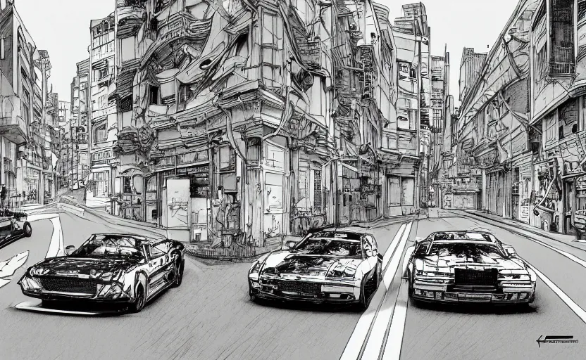 Prompt: action shots of two cars in a high speed car chase through a narrow streets with buildings either side of the road illustrated by jung gi kim, katsuya terada, jean - david morvan. extremely detailed illustration, action shots, striking perspective