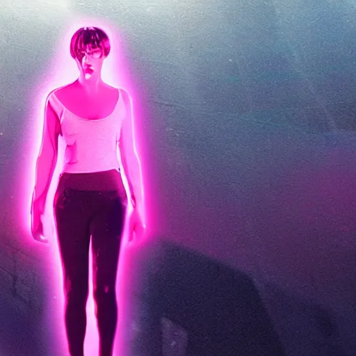 Prompt: joi from blade runner 2 0 4 9 as a giant pink translucent hologram, neo - noire