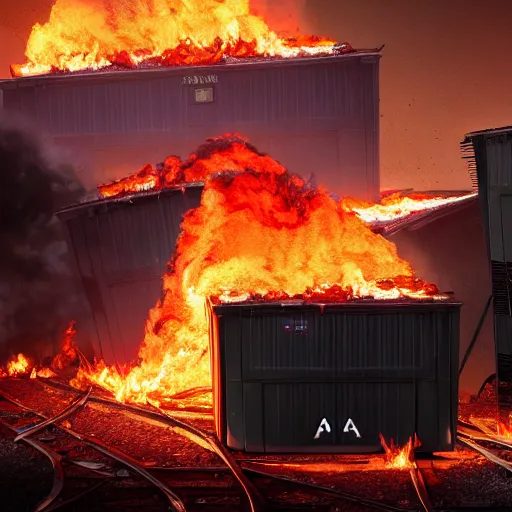 Prompt: a stack of dumpsters in flames located at the middle of a train wreck trending on artstation 4 k detailed sharp high detail