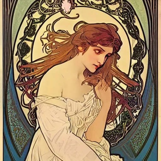 Image similar to hermione by alphonz mucha