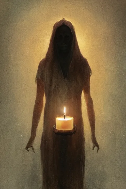 Image similar to Spirit holding a candle in the middle of the room, horror, illustrated by Greg Rutkowski and Caspar David Friedrich., Trending on artstation, artstationHD, artstationHQ, 4k, 8k