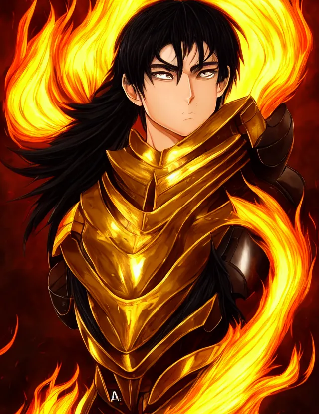 Image similar to a detailed manga portrait of a black haired man with hazel eyes in gleaming golden armour that burns with golden fire, trending on artstation, digital art, 4 k resolution, detailed, high quality, sharp focus, hq artwork, coherent, insane detail, character portrait