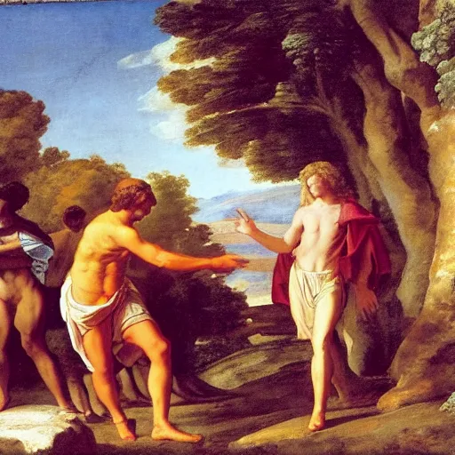 Image similar to shepherds of arcadia by poussin, all decently dressed characters