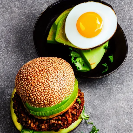 Image similar to juicy vegan hamburger topped with avocado onion and a vegan fried egg, crispy buns, 8 k resolution, professional food photography, studio lighting, sharp focus, hyper - detailed