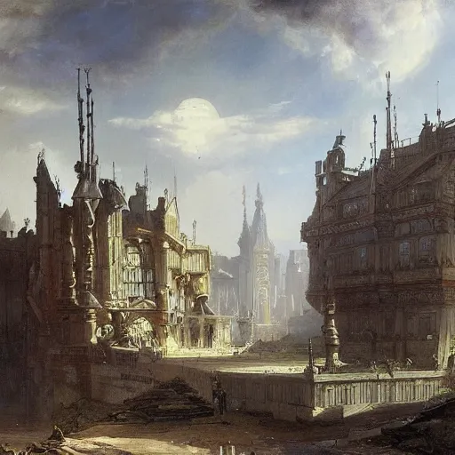 Prompt: painting of a scifi ancient civilzation victorian, brutalist architecture, andreas achenbach