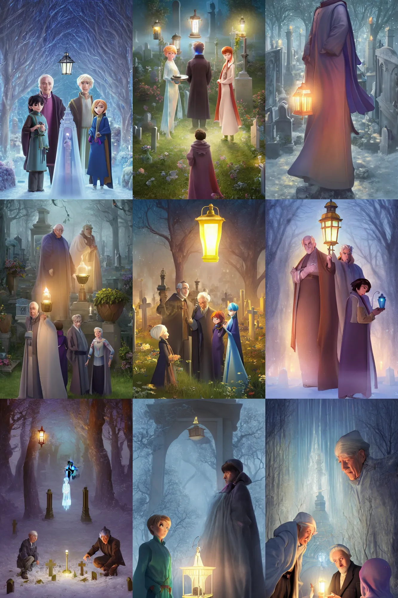 Prompt: male senior cleric holding a lantern in a cemetery solving mysteries, Twins Frozen Movie poster, artwork by Chiho Aoshima, Donato Giancola, Craig Mullins, a Rendering of a cinematic beautiful closeup moment of friends standing facing toward their love, full of details, Matte painting, trending on artstation and unreal engine