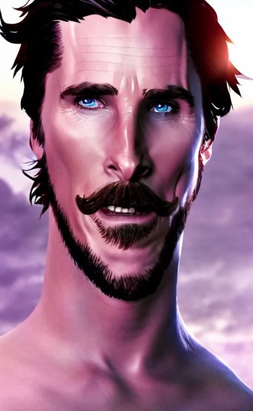 Image similar to Christian Bale as a character in the game League of Legends, with a background based on the game League of Legends, detailed face, old 3d graphics