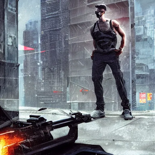 Image similar to A broad shouldered, muscular man wearing Reindeelusion Steven Cargo pants and Nike Tech fleece Shirt and Nike Acronym presto sneakers, rooftop, sniper rifle stationed in background, Police sirens shining in far background, high quality, digital art, dirty cyberpunk city, rain, greg rutkowski