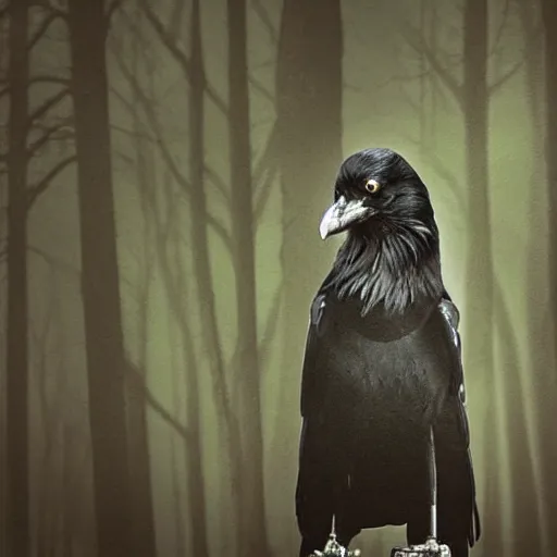 Image similar to mixture between an! crow and wolf, photograph captured in a dark forest, realistic