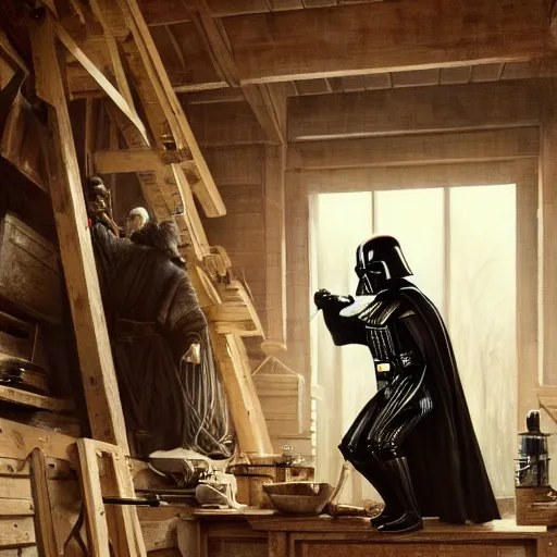 Image similar to highly detailed oil painting | very intricate | cinematic lighting | award - winning | darth vader as a simple carpenter fine craftsman | building a wooden table in their well organized clean workshop | beautiful cinematic light, american romanticism, by huang guangjian, gil elvgren, ruan jia, randy vargas, greg rutkowski, artstation, cgsociety, official art, octane