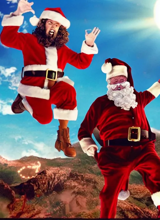 Prompt: Santa and Jesus' Totally Radical Adventure, action shot of them jumping away from an explosion towards us, cinematic shot, movie
