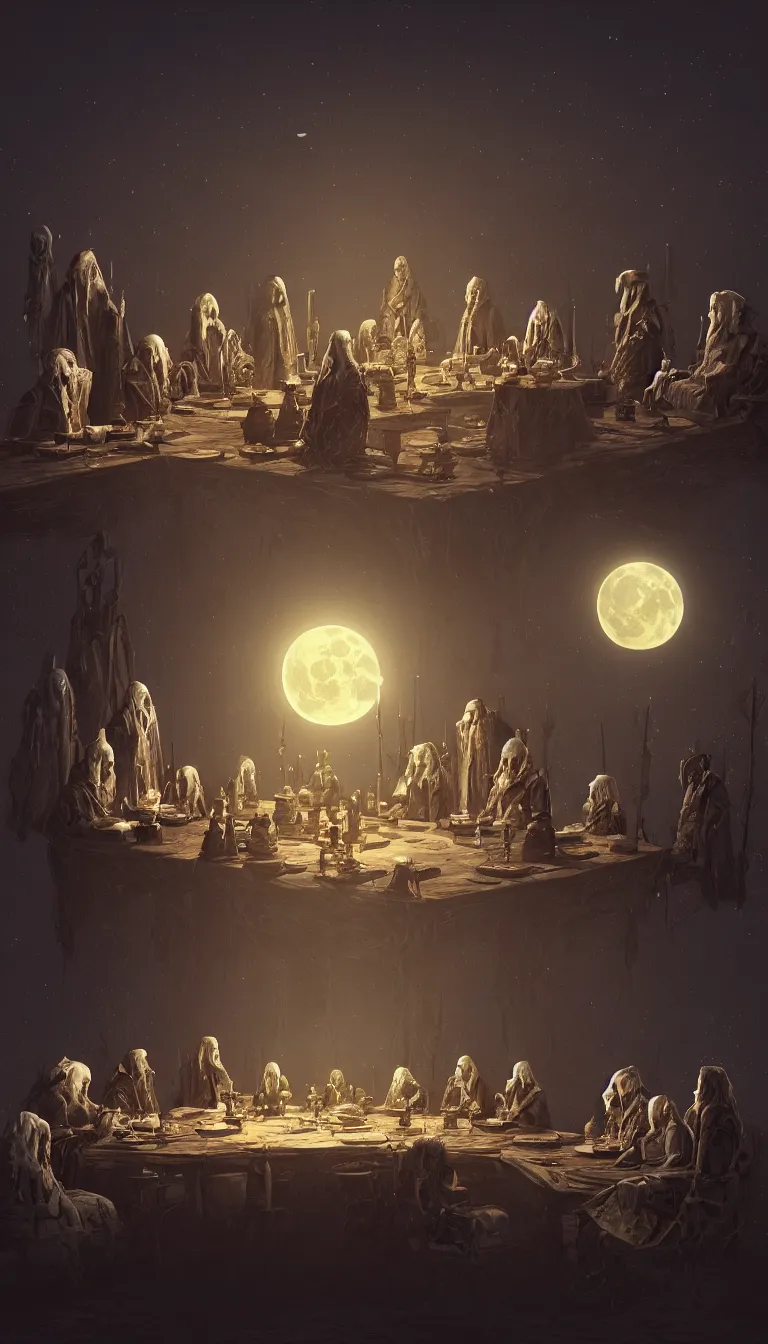 Image similar to A meeting of the council of elders, robed figures sat around a table, beautiful architecture, night time, stars visible, beautiful moon light, concept art, fantasy art, digital art by michal karcz, trending on artstation, highly detailed, 8k