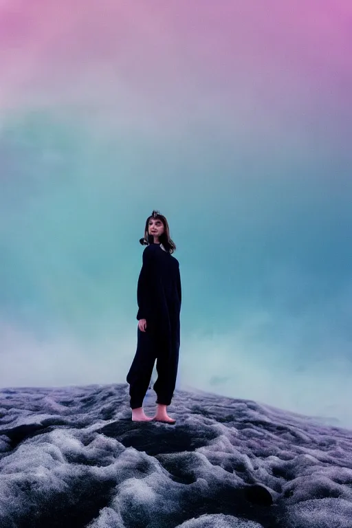 Image similar to high quality pastel coloured film close up wide angle photograph of a model wearing clothing resting on cloud furniture in a icelandic black rock!! environment in a partially haze filled dreamstate world. three point light, rainbow. photographic production. art directed. pastel colours. volumetric clouds. pastel gradient overlay. waves glitch artefacts. extreme facial clarity. 8 k. filmic.