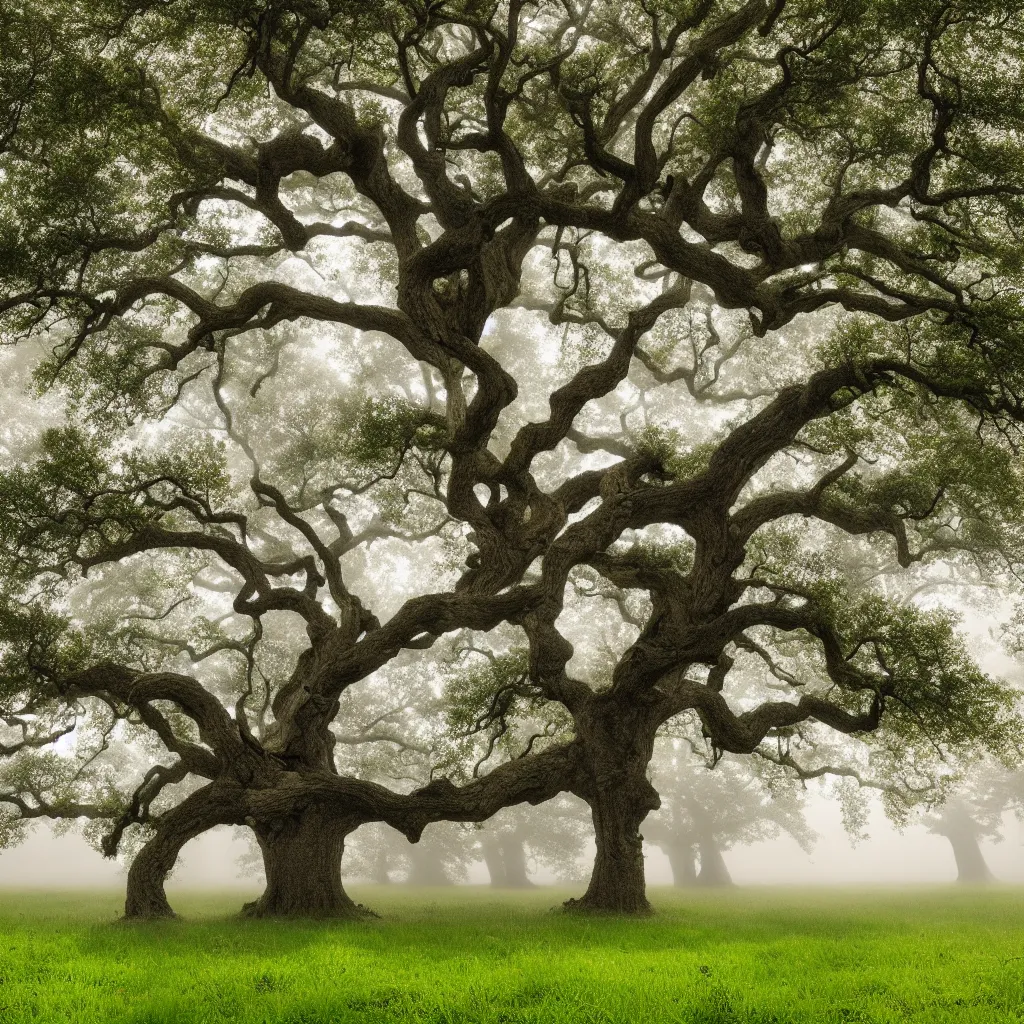 Image similar to old oak tree in four seasons colors growing on a meadow partially covered with morning fog, with big tree hollow in the trunk, with rope ladder hanging down from the tree hollow, cinematic lighting, photo realistic image, 4K, super detailed, cinematic look