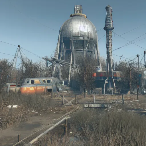 Image similar to the atomium from belgium in fallout 4, screenshot, high res, raytracing