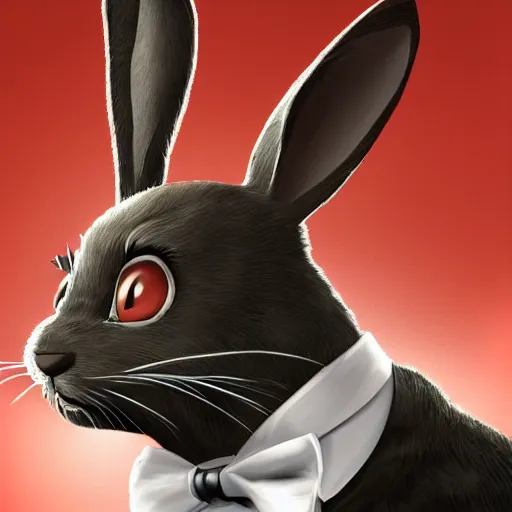 Image similar to A extremely highly detailed majestic hi-res beautiful, highly detailed head and shoulders portrait of a scary terrifying, horrifying, creepy black cartoon rabbit with a bowtie and scary big eyes, earing a shirt laughing, hey buddy, let's be friends, in the style of Walt Disney