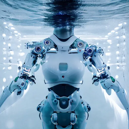 Image similar to beautiful centered fine art photo portrait of hoyeon jung as a solarpunk robotic humanoid treading above water, white mechanical parts with led lights, ultra - detailed and intricate, white background, sun lighting, soft focus, slow exposure hdr 8 k