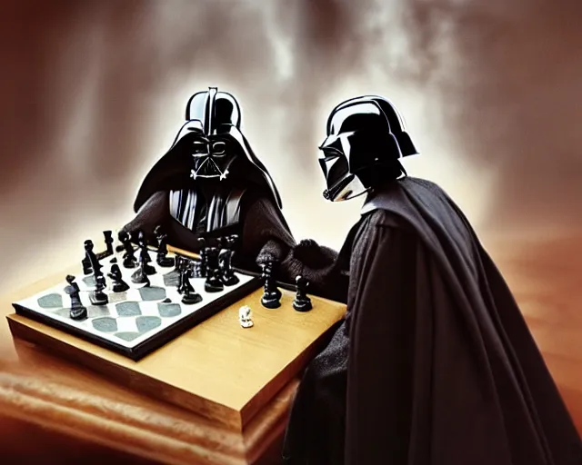 Image similar to darth vader playing chess with a witch