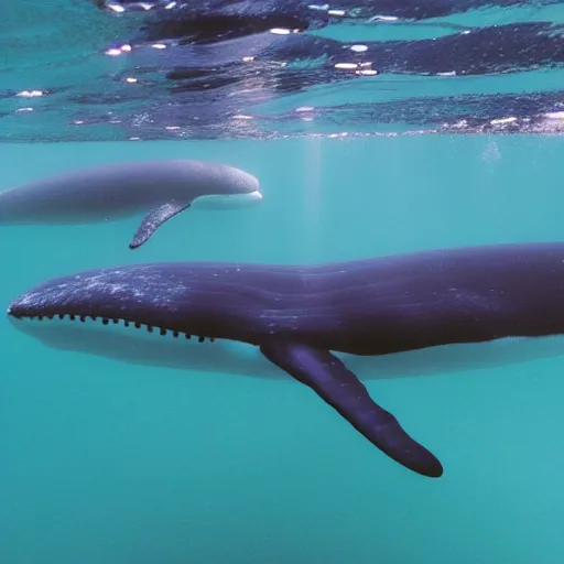 Prompt: underwater ocean, 1 2 whales, pod, family, swimming to surface, calm, photograph, realistic, peaceful, light rays, beautiful, majestic, dapple, camera angle from below, distance,