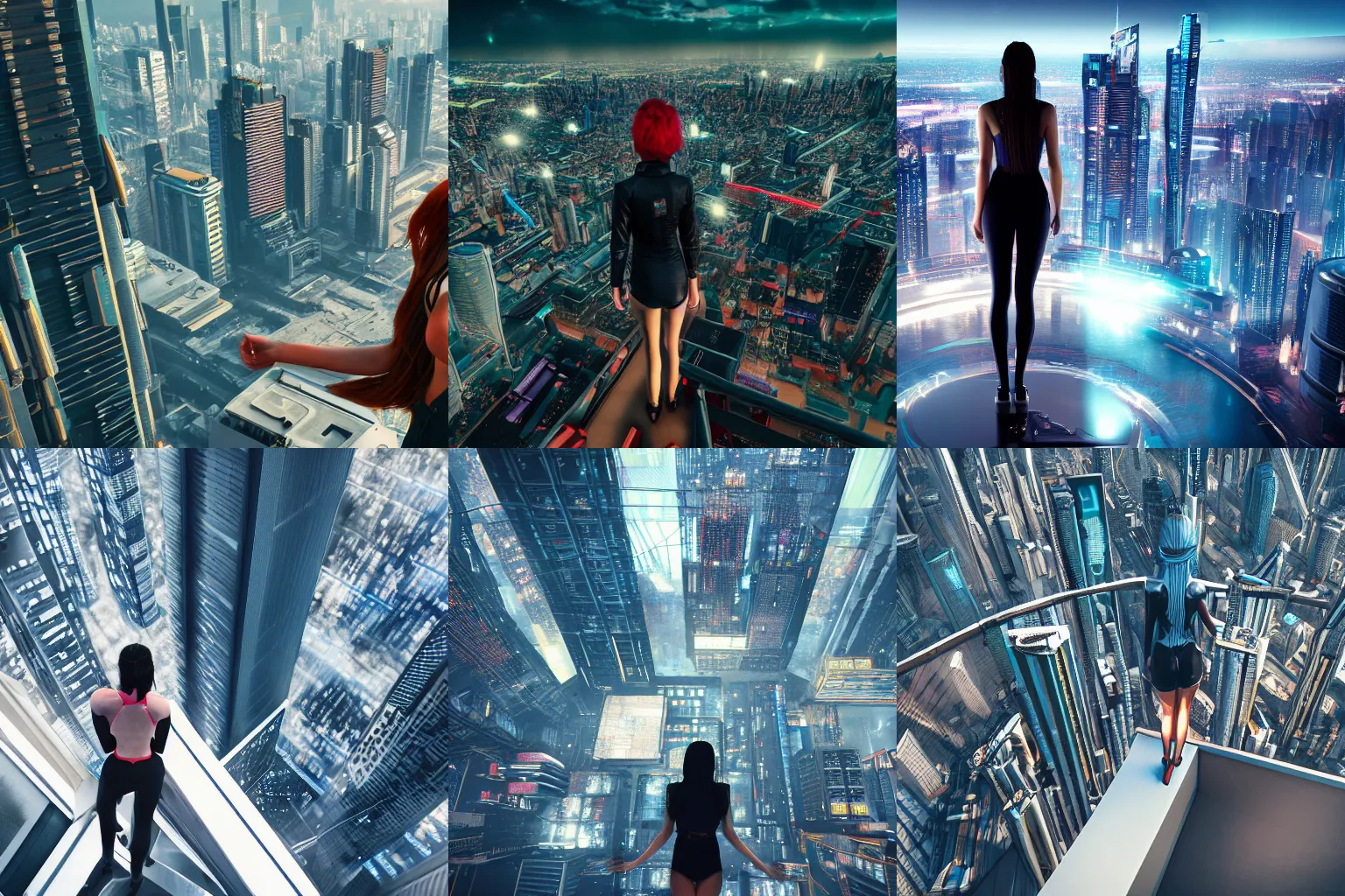 Prompt: a beautiful girl standing on top of a futuristic building looking down on the city in the style of cyberpunk, hyper realism, 8k, cinematic