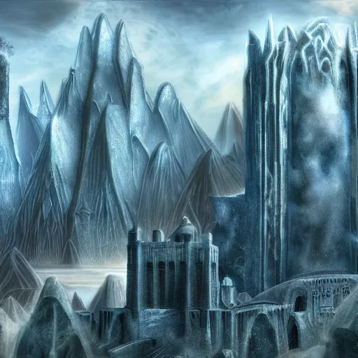 Prompt: fantasy rendering of atlantis rising, art deco city, torrent, maelstrom, dante, chiseled formations, atmospheric, ambient, frost, matte painting