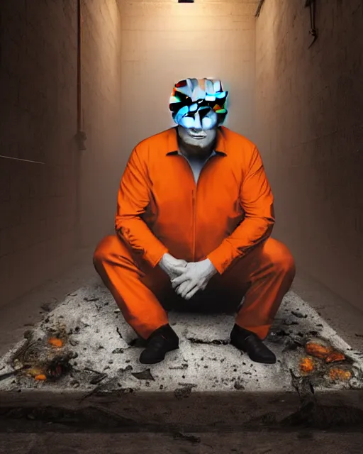 Image similar to a head and shoulders portrait of Donald trump wearing a orange jumpsuit, sitting on the floor of a filthy rat infested concrete jail, dimly lit, volumetric lighting, in jail by craig mullins and Annie Leibowitz, octane, 8k,