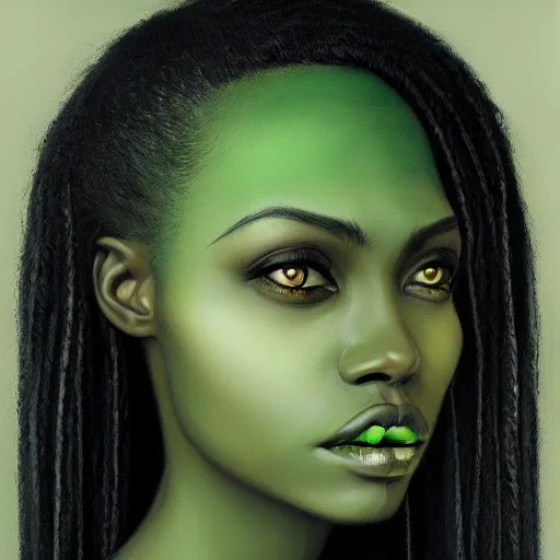 Prompt: a detailed matte oil on canvas head on symmetrical portrait of black skinned woman with long white and ( ( pale green ) ) hair, clothed by charlie bowater, lise deharme, wlop, trending on artstationhd, dungeons and dragons art critical role