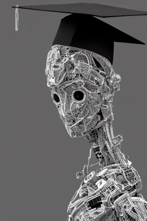 Prompt: a portrait of a extremely intricately detailed beautiful robot wearing a highly detailed perfect render black graduation hat on its head, realism. concept art. unreal engine 5, f / 1. 8, v - ray, ultra hd, 8 k, graduation photo, atmospheric beautiful background and beautiful lighting. hyper realism.