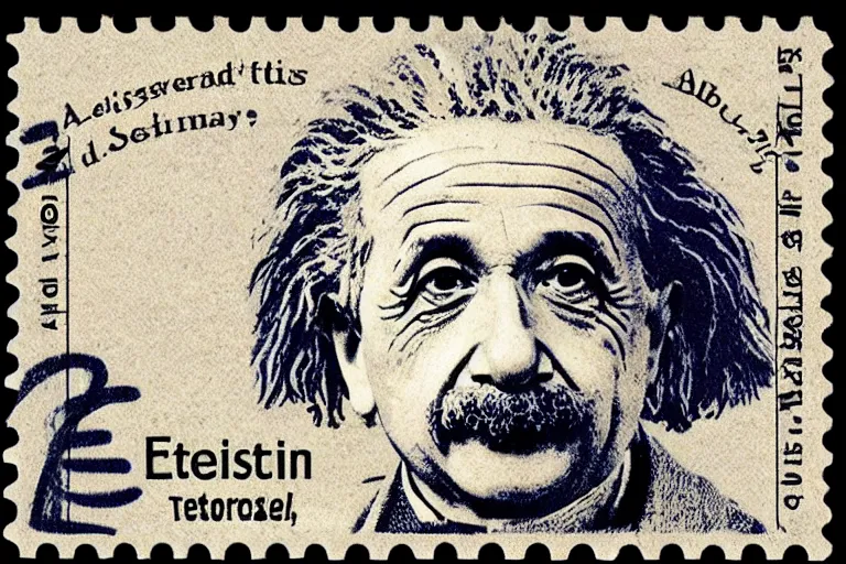 Prompt: engraved postage stamp of albert einstein with theory of relativity, detailed!!! color engraving in the style of a postage stamp, fine!!! lines