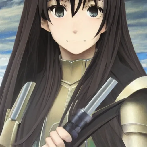 Image similar to Masterpiece head and shoulders portrait of a female Kazuto Kirigaya Kirito from SAO a young woman with brown long hair and bangs and wearing a long black coat breast-armor showing through, with light-saber, face, fantasy, intricate, elegant, highly detailed drawn by Donato Giancola and Fernanda Suarez and Artem Demura, face by Artgerm and Edmund Leighton, Alphonse Mucha, background by James Jean and Gustav Klimt, 4k, porcelain skin, komorebi, french nouveau, trending on pixiv, octane render, hyperrealistic