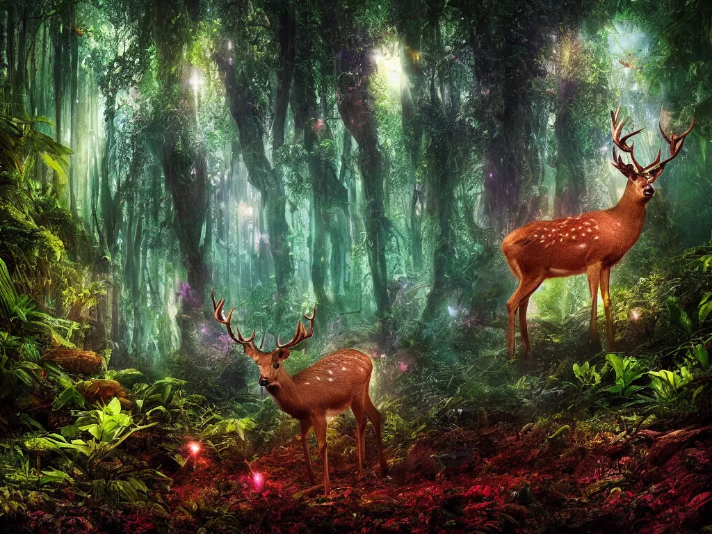 Prompt: a fantasy beautiful dense biorelevant enchanted rainforest setting, ultrawide angle, a deer made of bright neon ether light sparkle, cinematic lighting, extremely emotional, extremely dramatic, surround it with pixie dust ether floating in the air, hdr, epic scale, cmyk, deep spectrum color