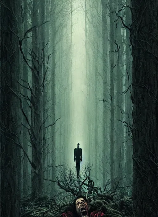 Image similar to highly detailed horror movie poster with angry creepy keanu reeves as a tree, keanu reeves faces in the bark of many trees sentient leafy catastrophe by greg rutkowski, masterpiece, really funny, 1 0 / 1 0 creepy