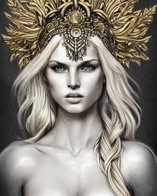 Image similar to tattoo design sketch of hot blonde super model as aphrodite greek goddess wearing a gold laurel wreath and triangle earrings, beautiful piercing gaze with sharp pupils, in the style of greg rutkowski, fantasy, amazing detail, epic, elegant, smooth, sharp focus, front view