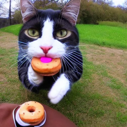 Prompt: Cat in a suit with a donut in its mouth, trail cam footage