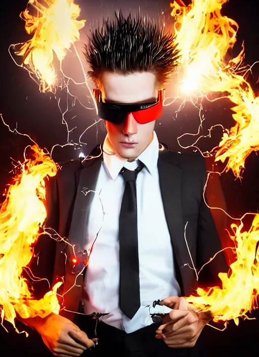 Image similar to photorealistic young man with red spiked long hair, using googles. Wearing black waistcoat, white shirt. throwing fire blast from his hands. rockstar. dynamic lightning. rpg portrait