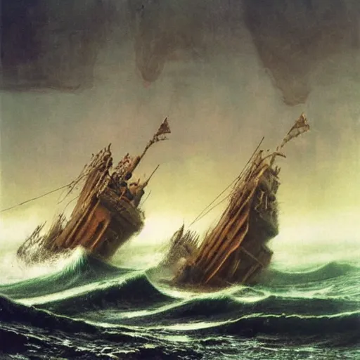 Image similar to an epic battle on the sea between 2 viking boats, raging waves, beksinski