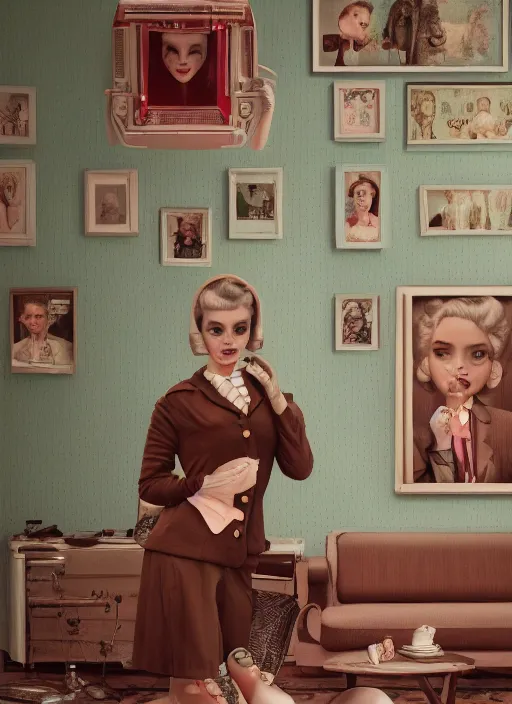 Prompt: closeup portrait of a retro 1 9 5 0 s living room, depth of field, zeiss lens, detailed, symmetrical, centered, fashion photoshoot, by nicoletta ceccoli, mark ryden, lostfish, breathtaking, 8 k resolution, extremely detailed, beautiful, establishing shot, artistic, hyperrealistic, octane render