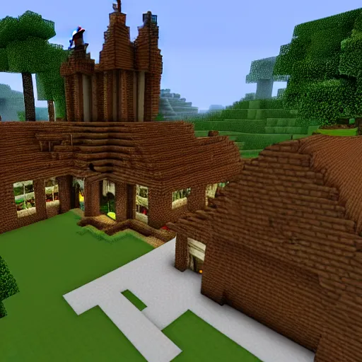 Image similar to minecraft mansion made out of netherrack, lit with redstone and torches