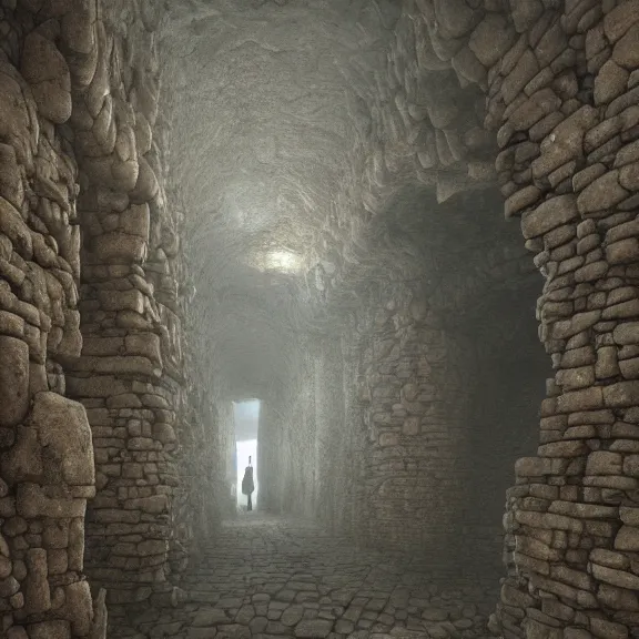 Prompt: A highly detailed 4K fantasy matte painting of dwarf mines perfect quare hallway of stone, zdzislaw beksinski, ArtStation, deep underground CGSociety, Unreal Engine