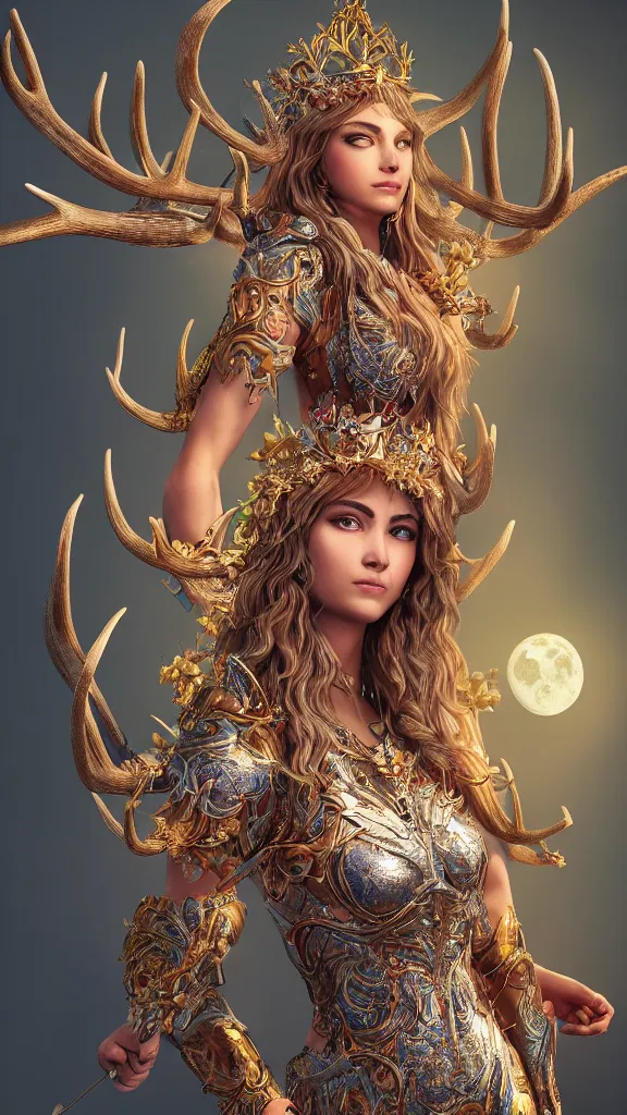 Image similar to highly detailed full body portrait of Artemis, goddess of the hunt and the moon, wearing a crown made of antlers, studio lightning, bright colors, intricate, masterpiece, photorealistic, hiperrealistic, sharp focus, high contrast, Artstation HQ, DeviantArt trending, 4k UHD, Unreal Engine 5