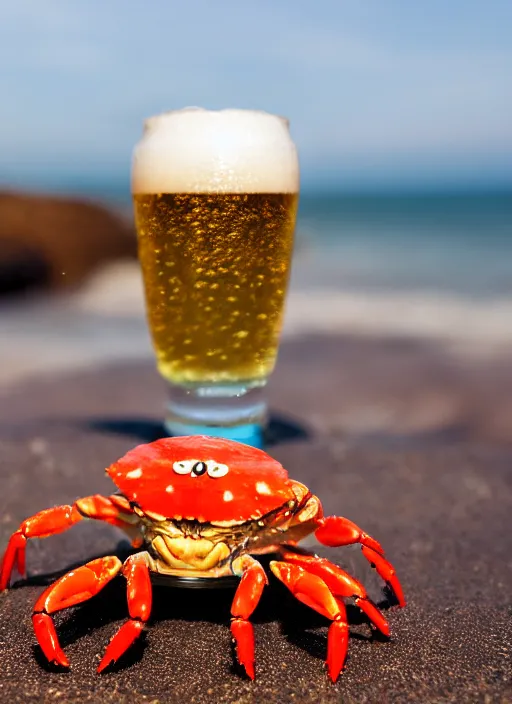 Image similar to a happy crab holding a beer in a beach, golden hour, bokeh, 4k