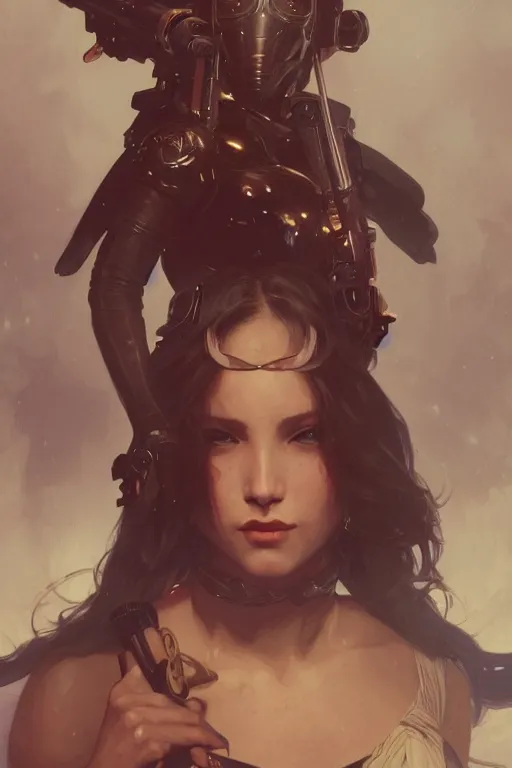 Image similar to a female bounty hunter, arcane, intricate, elegant, highly detailed, digital painting, artstation, concept art, smooth, sharp focus, illustration, art by artgerm and greg rutkowski and alphonse mucha and william - adolphe bouguereau